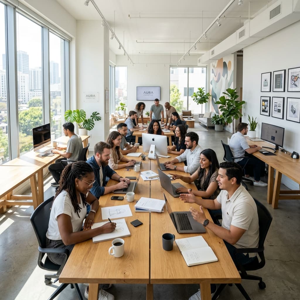 A multidisciplinary creative team working together in a bright studio