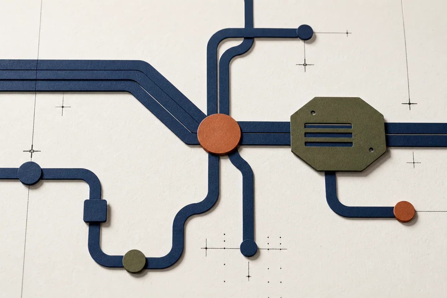 Analytics & Telemetry represented through navy paper forms, copper marks, and olive material details