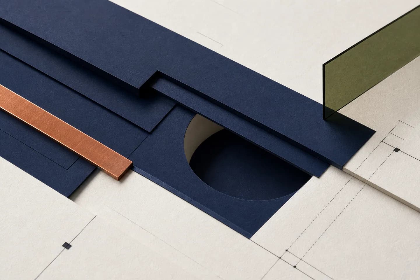 Web Development & Engineering represented through navy paper forms, copper marks, and olive material details