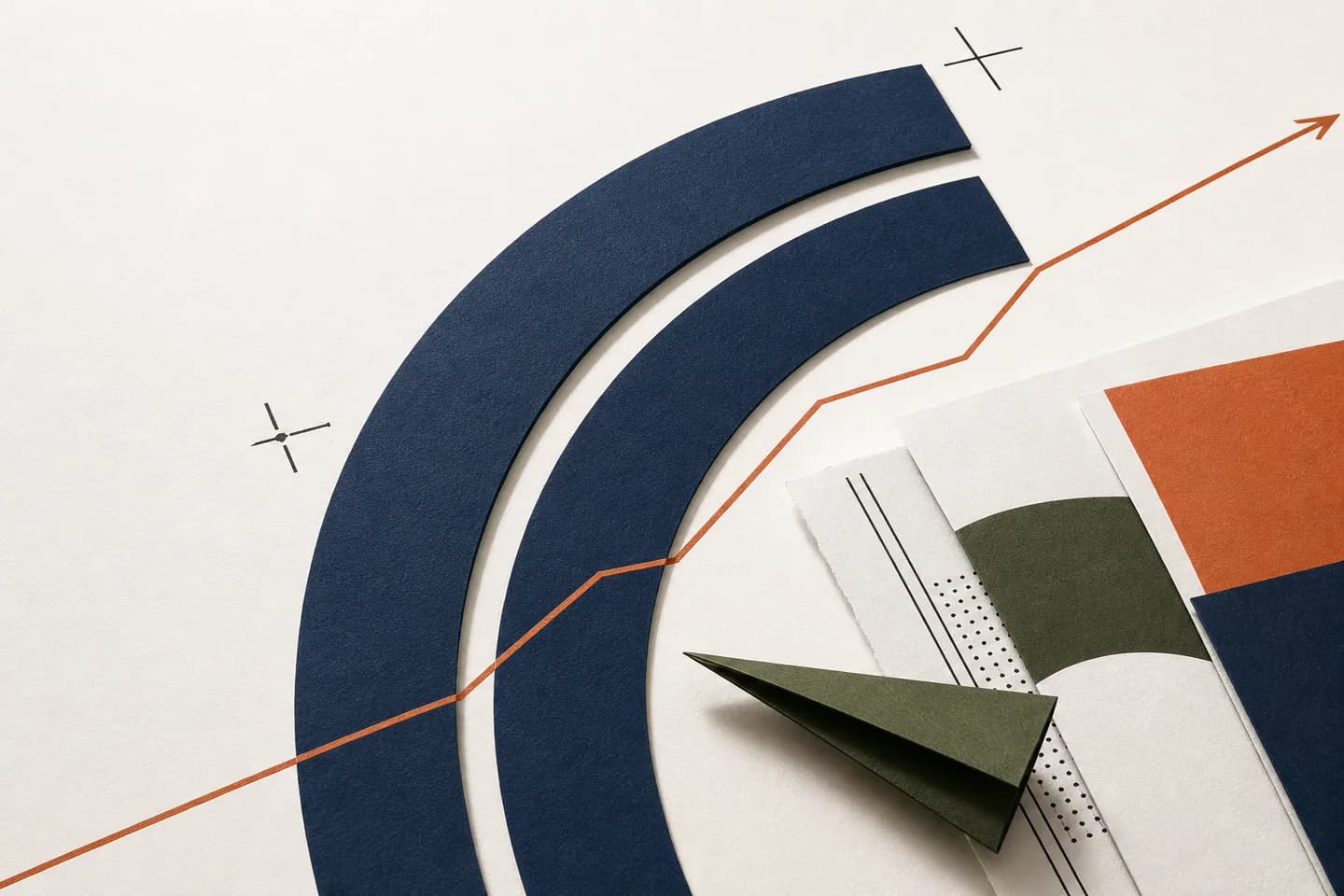Technical SEO & Organic Visibility represented through navy paper forms, copper marks, and olive material details