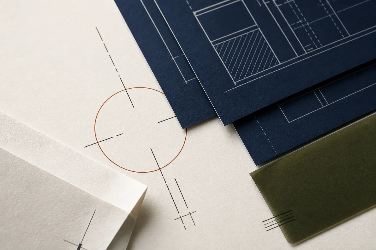 Strategic Advisory & Consulting represented through navy paper forms, copper marks, and olive material details